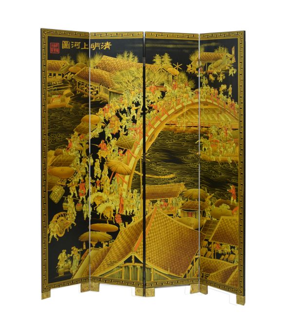 Good quality modern Chinese lacquered four fold screen having allover gilt decoration depicting a