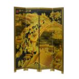 Good quality modern Chinese lacquered four fold screen having allover gilt decoration depicting a