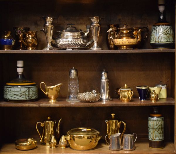 Quantity of various silver plated items, lustre glazed and other pottery etc Condition: