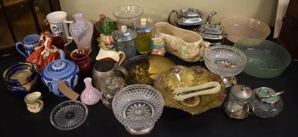 Various ceramics and glass ware including: Doulton figure, character jugs, Sylvac items, silver