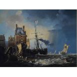 Alan Wright - Oil on board - A stormy coastal view with shipping, signed, framed Condition: