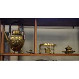 Aesthetic School brass ovoid spirit kettle and stand together with a cast brass inkwell Condition: