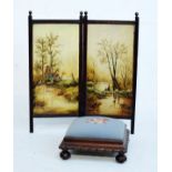 Early 20th Century beech framed two fold screen, the panels with painted decoration depicting a