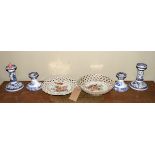 Two Dresden style dessert dishes, pair of modern Spode blue and white candlesticks and another