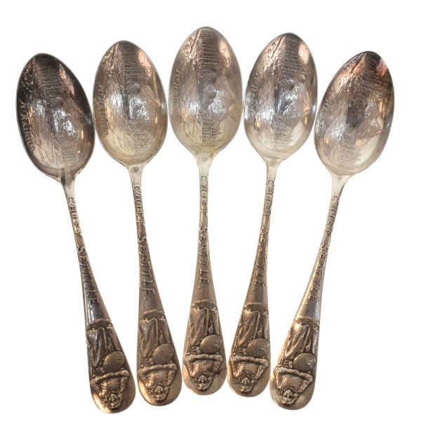 Five American Sterling silver spoons, each with figural and landscape decoration and script 'Chief