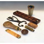 19th Century copper shot flask, cribbage board, horn beaker, sugar cutters etc Condition: