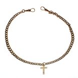 Graduated curb link albert stamped 9c, with attached 9ct gold engraved crucifix, 24.3g approx