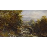 19th Century English School - Oil on canvas - Riverside landscape with stone bridge, indistinctly