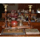 Pair of oak barley twist candlesticks, brass cribbage board, two pairs of vintage steel curling