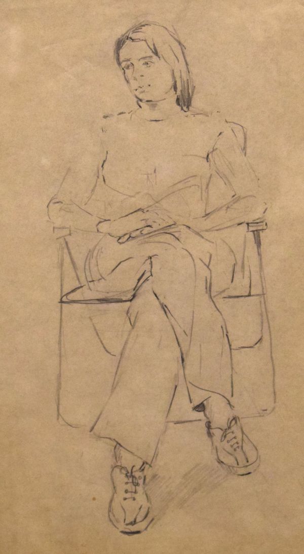 20th Century pencil sketch depicting a seated lady, framed and glazed Condition: