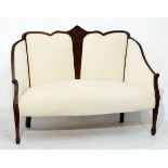 Early 20th Century inlaid beech framed two seater drawing room settee upholstered in cream fabric