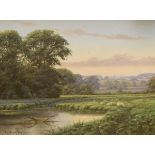 David Morgan - Oil on canvas - Rural landscape with sheep at a riverbank, signed, framed Condition: