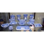Collection of modern Wedgwood pale blue jasper ware, boxes, vases etc Condition: