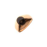 Ring set oval tigers-eye quartz, the shank stamped 14k, size P Condition: