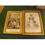 Two Victorian coloured and black and white prints depicting "Madam Vestris" and "Domestic Hours of