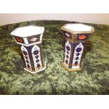 A pair of Royal Crown Derby Old Imari pattenr hexagonal vases 1128, XLIV.