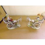 A pair of German porcelain Donkey cart figures depicting children with donkey carts, marked on the