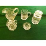 A sundry lot of cut glass comprising water jug, oil jug, tankard, small open dish and covered pickle