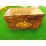 A late 18th century mahogany and walnut cross-banded 2-secion tea caddy with oval inlay depicting "