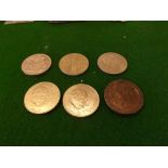 Five 20th century crowns for 1951, 1960, 1965 x 3, and a George III cartwheel penny for 1797.