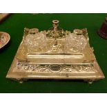 A fine quality late Victorian silver-plated desk inkstand with 2 cut glass ink bottles, miniature