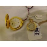 GILT METAL POCKET WATCH AS NEW, & A SMALL LADIES WATCH ON A CHAIN [£12 - £25]