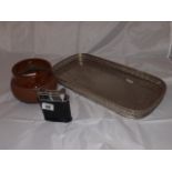 LARGE CIGARETTE LIGHTER, POTTERY TOBACCO JAR & SILVER PLATED TRAY EST [£20- £40]