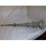 TIBETAN PRAYER HORN ,WHITE METAL & COPPER CONSTRUCTION WITH ELABORATE REPOUSSE DECORATION. 38"