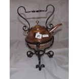 VICTORIAN COPPER SPIRIT KETTLE ON A WROUGHT IRON STAND EST [£20- £40]
