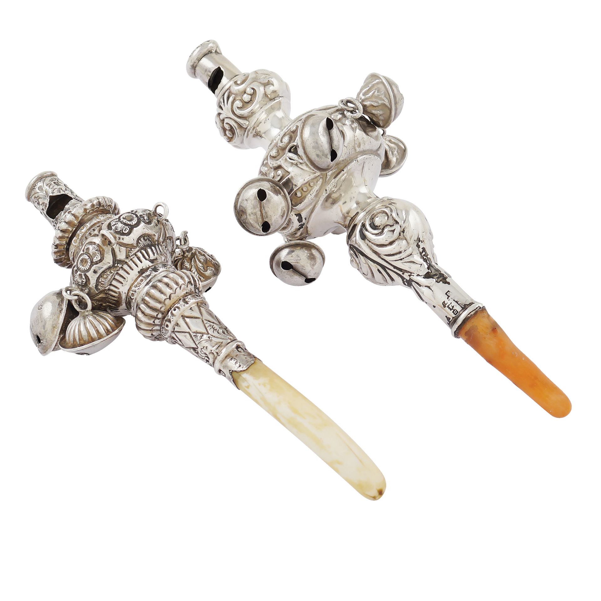Two silver coral and ivory bells 19th century peso 76 gr.