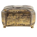 A black and gloden laquer tea box holder China, end 19th century 13,5x28x21 cm.