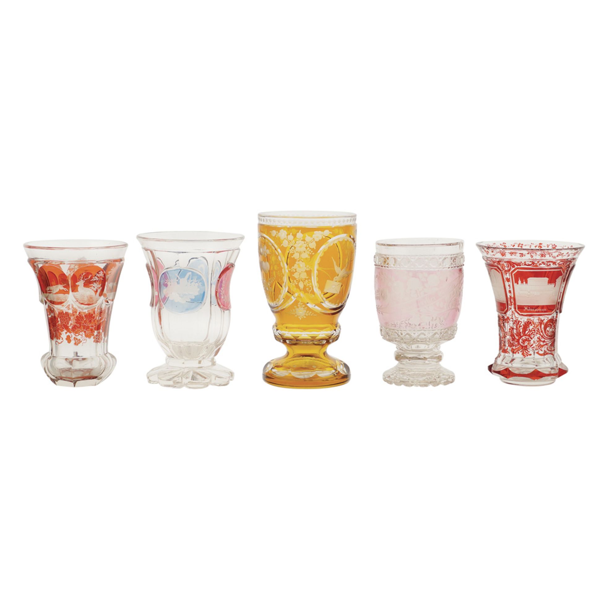 A collection of five colored crystal glasses Bohemia