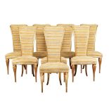 Eight ""throne"" chairs in fabric and golden wood modern manufacture h. 114 cm.