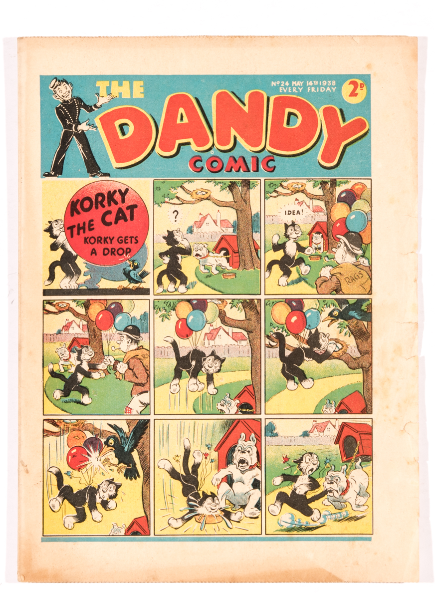 Dandy No 24 (1938). Korky gets a drop. Bright cover colours with margin overhang tears, cream