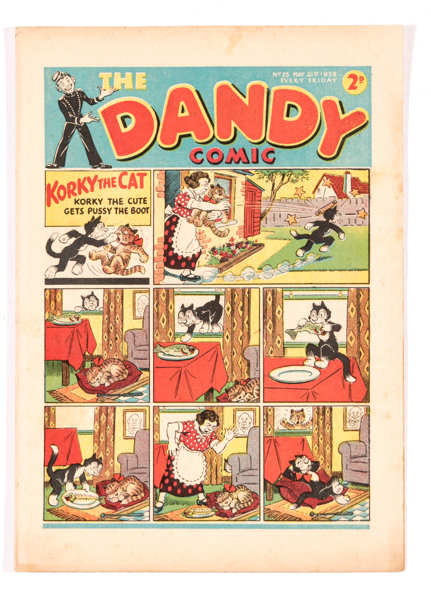 Dandy No 25 (1938). Korky gets Pussy the boot. Bright covers, cream pages [fn]