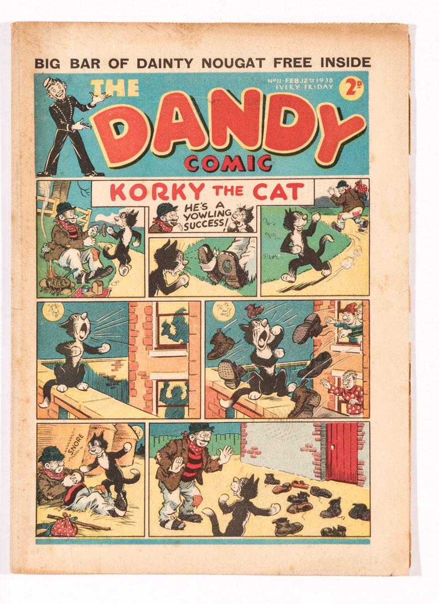 Dandy No 11 (1938). Korky's a yowling success. Bright cover colours, cream/light tan pages [vg+]