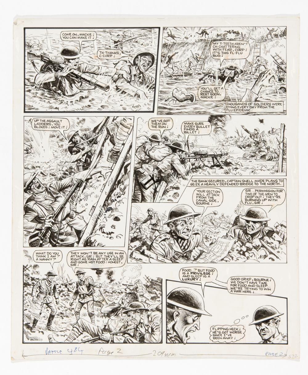 Charley's War original artwork (1984) by Joe Colquhoun for Battle 484 page 2, 11 Aug 1984. Under