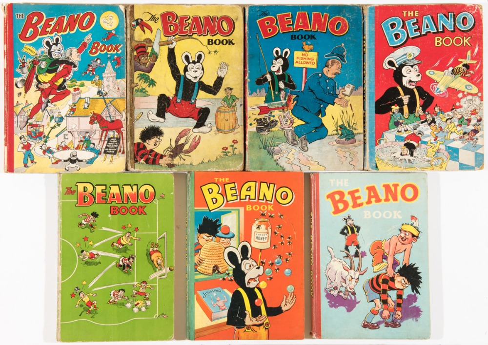 Lower grade Beano Books (1953-59). 1953 [vg-], 1954 [gd], 1955 [vg], 1956 [gd], 1957-59 all [vg] (