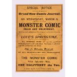 First Monster Comic. Newsagent's window ad (1898) for Monster Comic No 1 publ by Sketchy Bits &