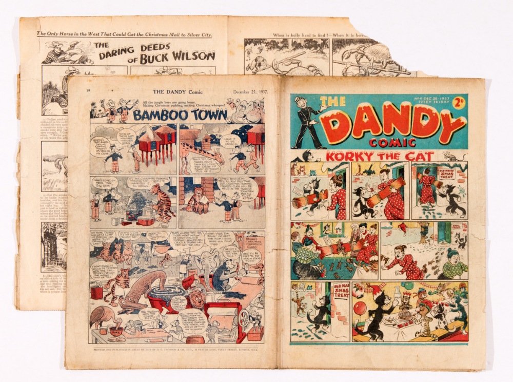 Dandy Comic No 4 (1937). First Christmas issue. Light tan pages with well-worn and torn overhang