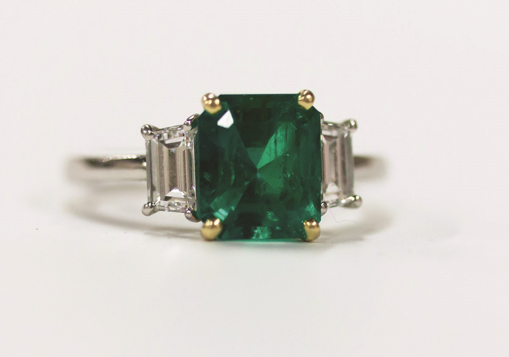 Ladies Platinum and 18K Gold Traditional Style Emerald Ring
