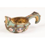 Russian Enameled and Jeweled Kovsh. Russian Enameled and Jeweled Kovsh. 1.9 ozt. Ht. 1 1/2" L 3 7/8"