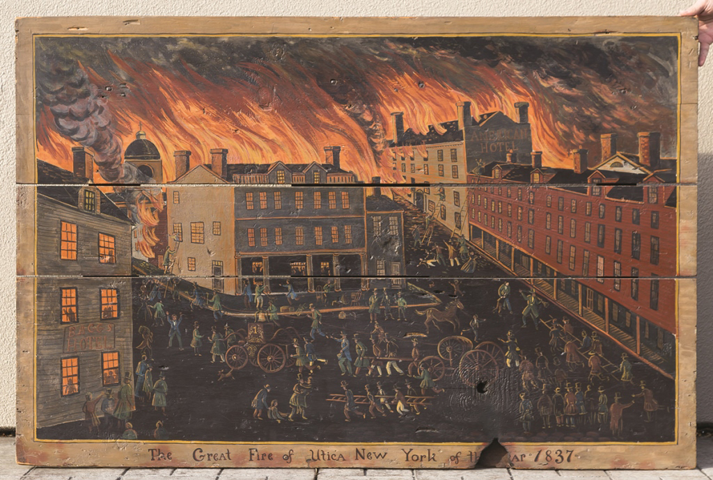 "The Great Fire of Utica, NY" Painting. Oil on board. 38 1/