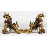 A Pair of Gilt Bronze and Bronze French Chenets with Putti