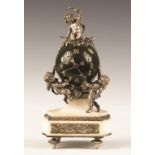 French Miniature Patinaed Metal and Marble Cherub Clock. French Miniature Patinaed Metal and