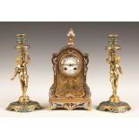 French Champlevé and Gilt Bronze Mantel Clock with Figural Candlesticks. French Champlevé and Gilt