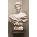 Carved Marble Bust of a Robed Lady on a Bronze Mounted Rotating Pedestal. Carved Marble Bust of a