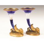 Pair of Gilt Bronze with Cobalt Overlay and Cut Vases. Pair of Gilt Bronze with Cobalt Overlay and