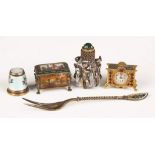 French Novelties. French Novelties. Perfumes, Miniature clock, plique-a-jour fork, etc. Max. Ht. 1