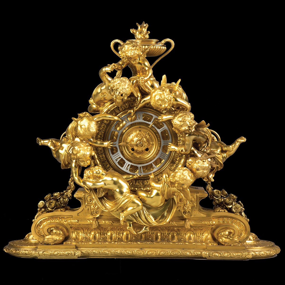 Monumental French Napoleon III Gilt Bronze Mantle Clock With Cherubs. Monumental French Napoleon III